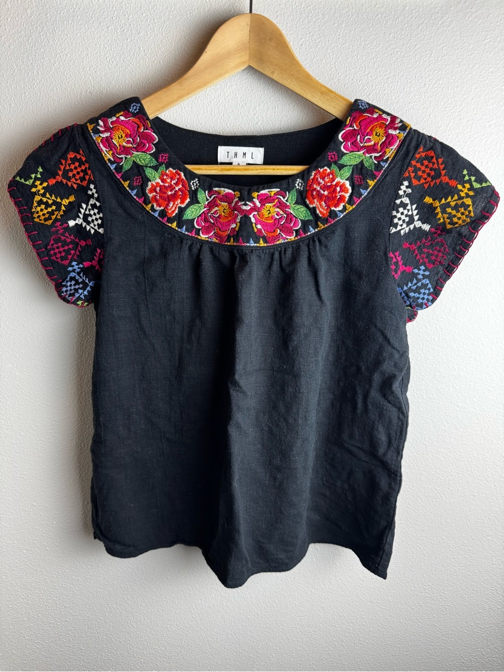 THML Black Embroidered Floral Yoke Short Sleeve Top